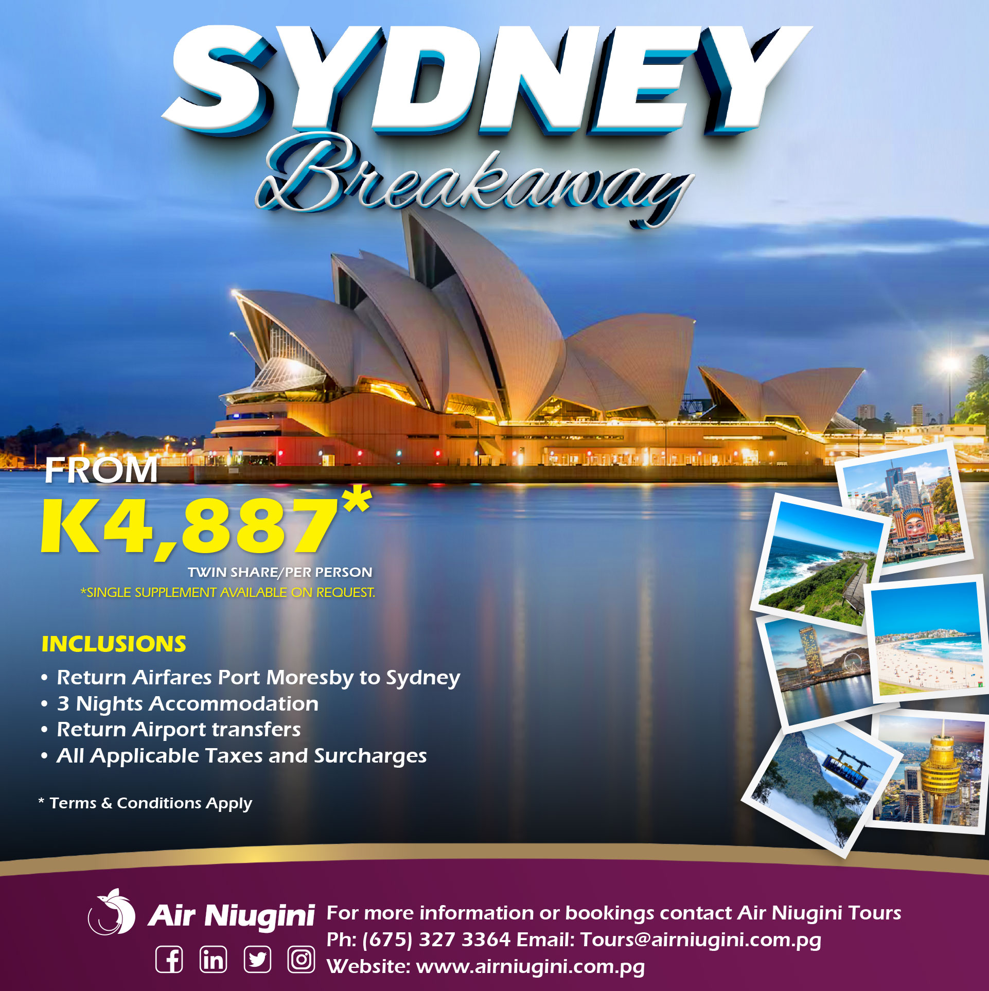 PXT1442 SYDNEY BREAKEAWAY PACKAGE FB 1926 x - Air Niugini